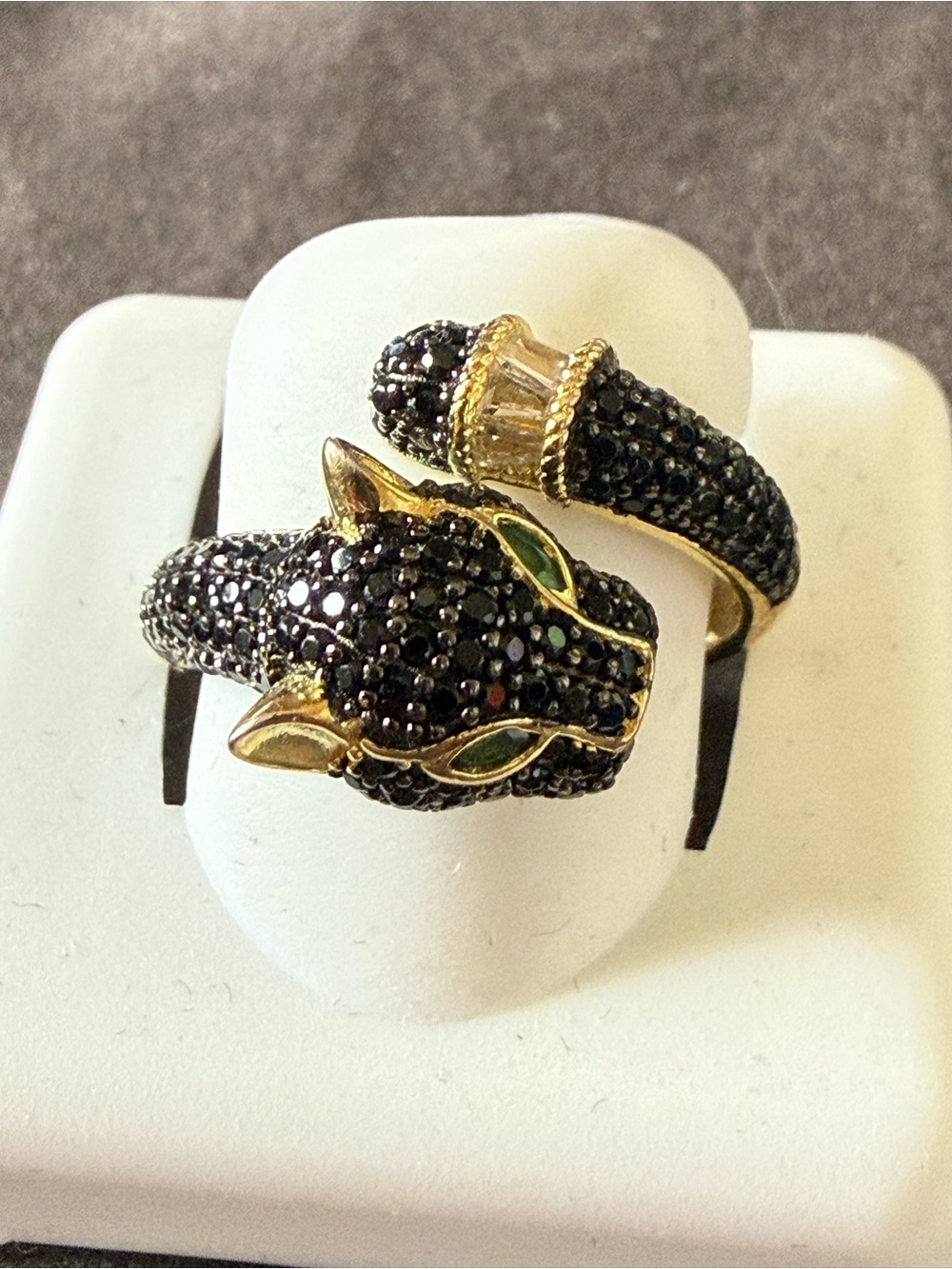 Sterling Silver 925 Gold Panther Ring with Black Pavé Stones and Green Eyes 6